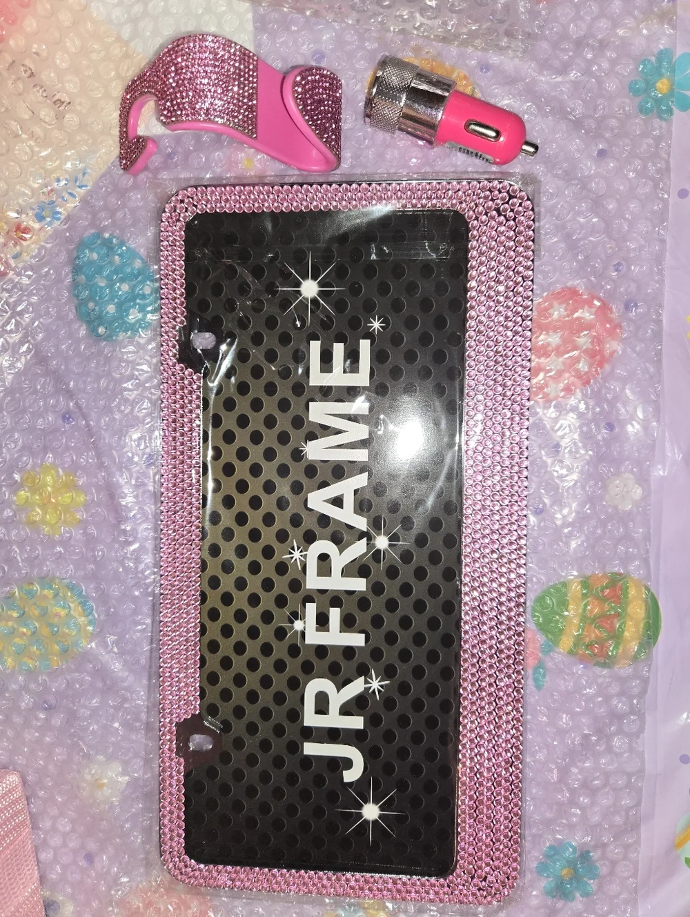 License Plate Frame Pink Rhinestone With Bag Holder And Power usb Car Plug Set